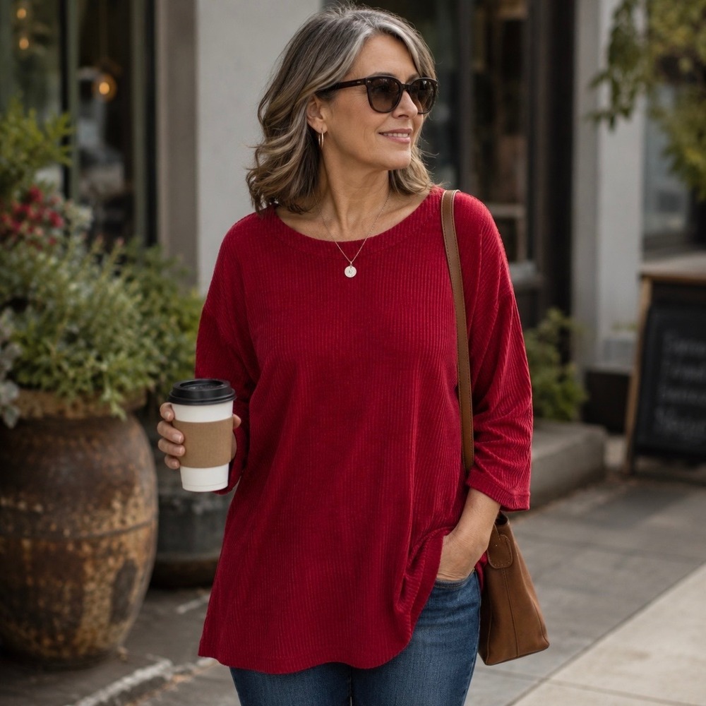 J. Jill Wearever Ribbed Chenille Tunic Sweater XL Red Long Sleeve Holiday Preppy